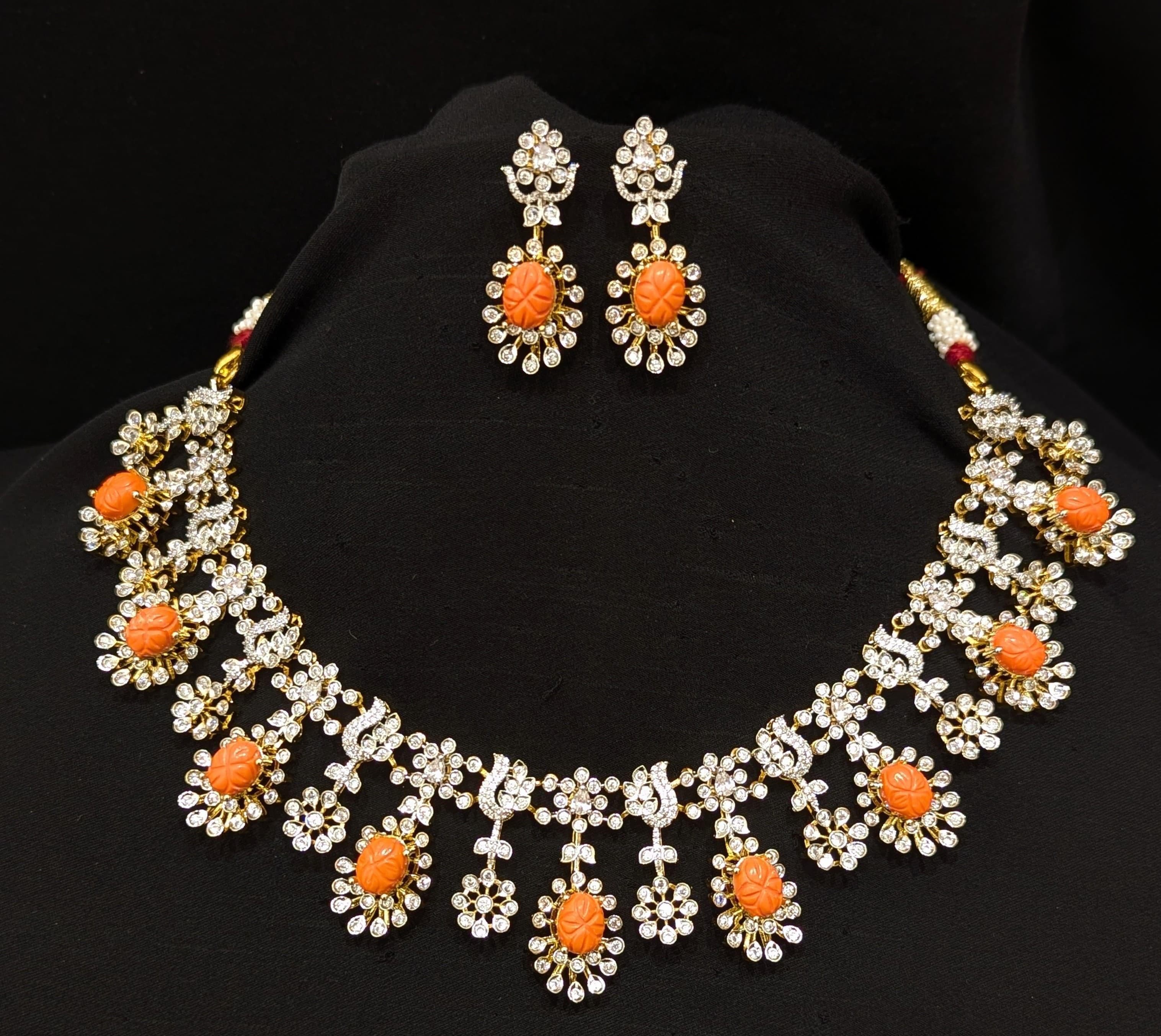 Luxury Coral & Diamond-Inspired Statement Necklace Set with Earrings