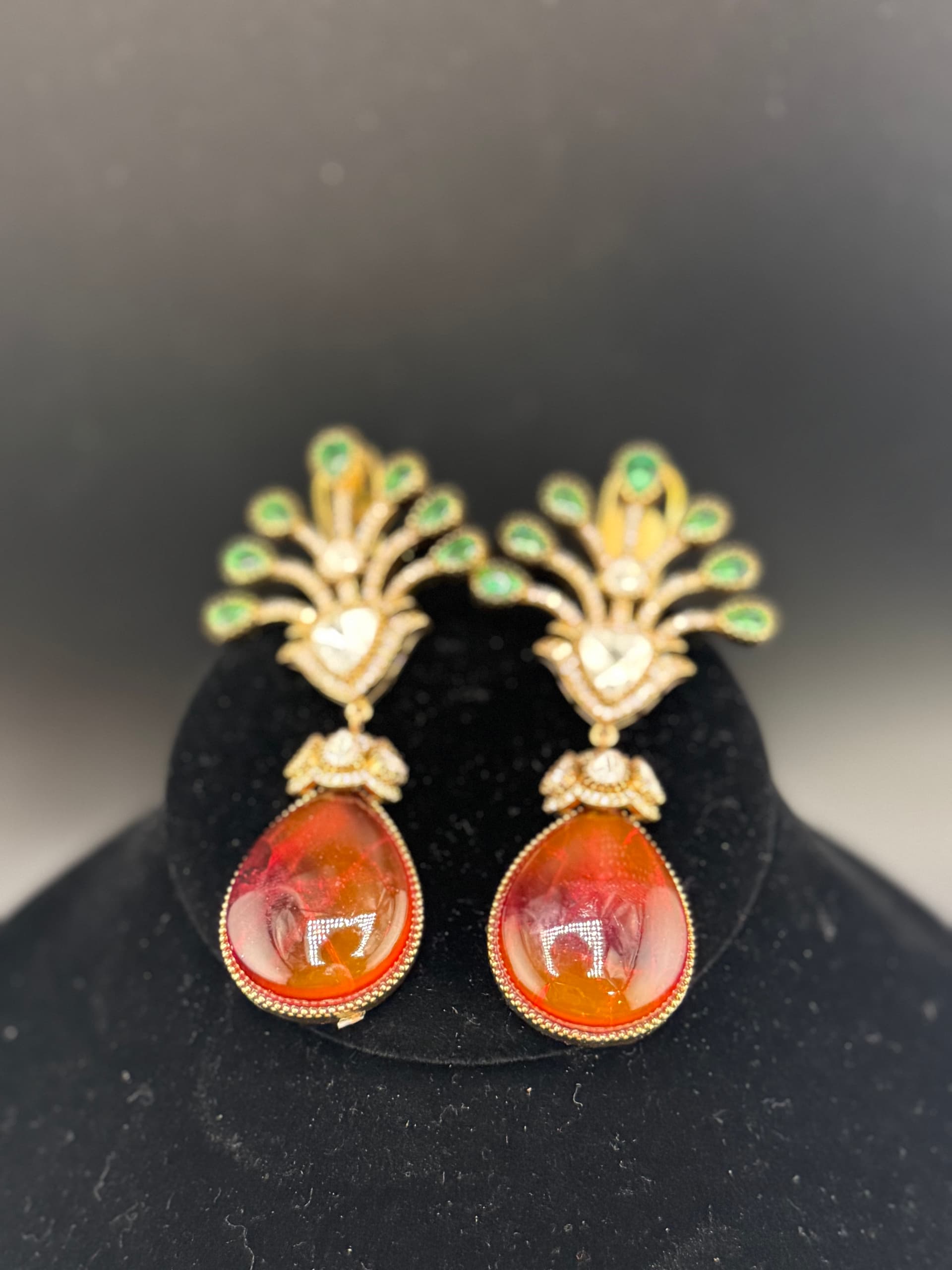 Hessonite Teardrop Peacock Fan Earrings with Emerald Top - alternate view