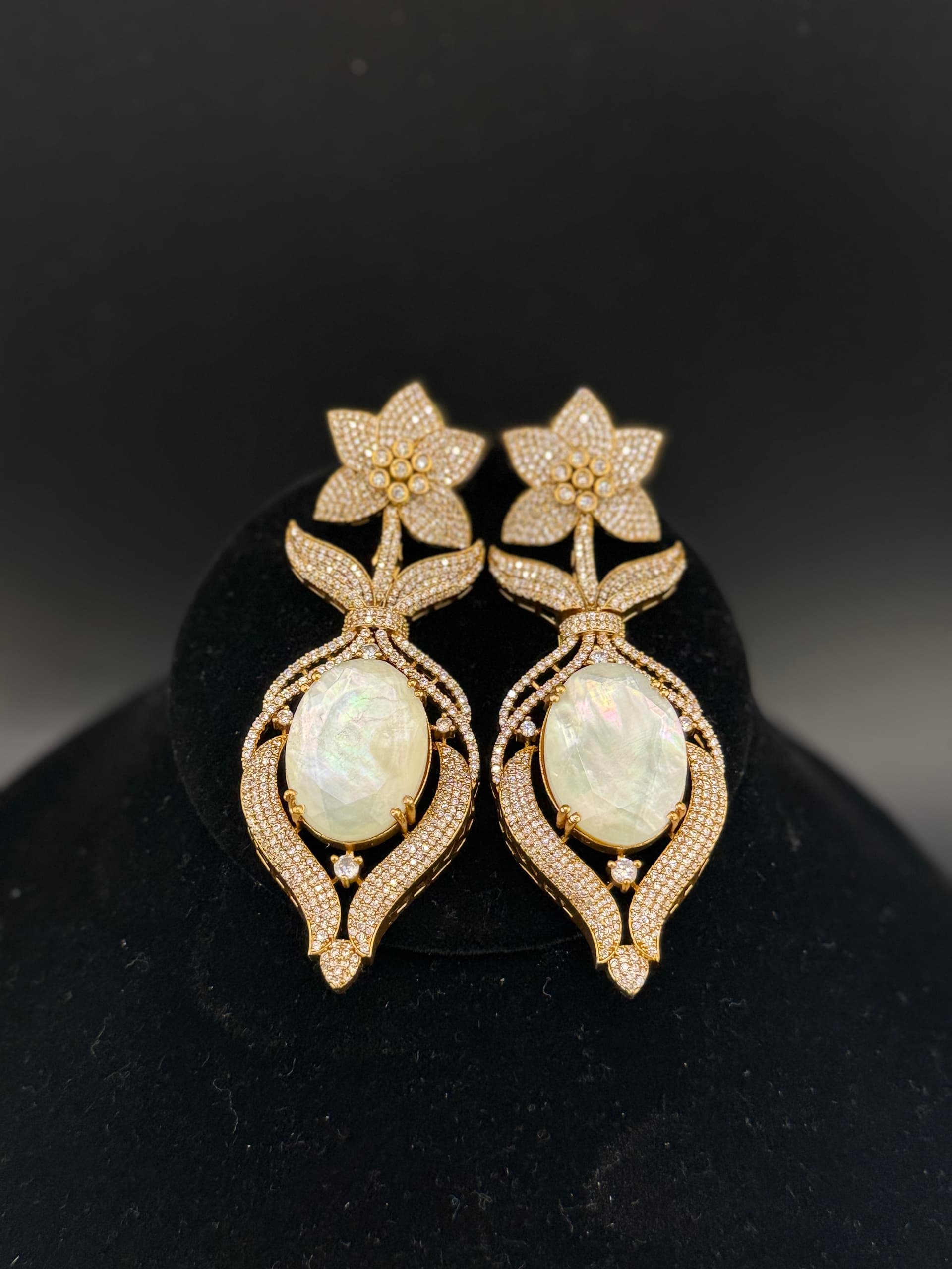 CZ Floral Mother-of-Pearl Leaf Drop Earrings - alternate view
