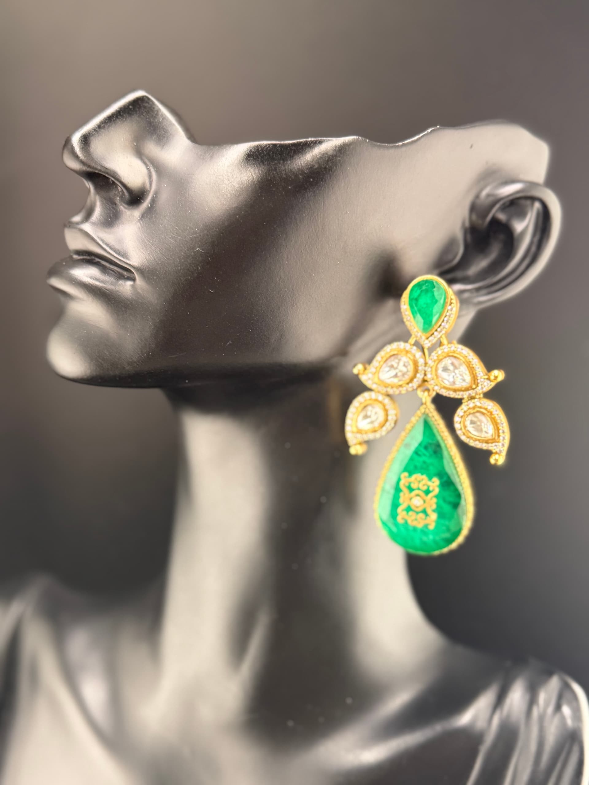Emerald Carved Teardrop Polki Drop Earrings - alternate view