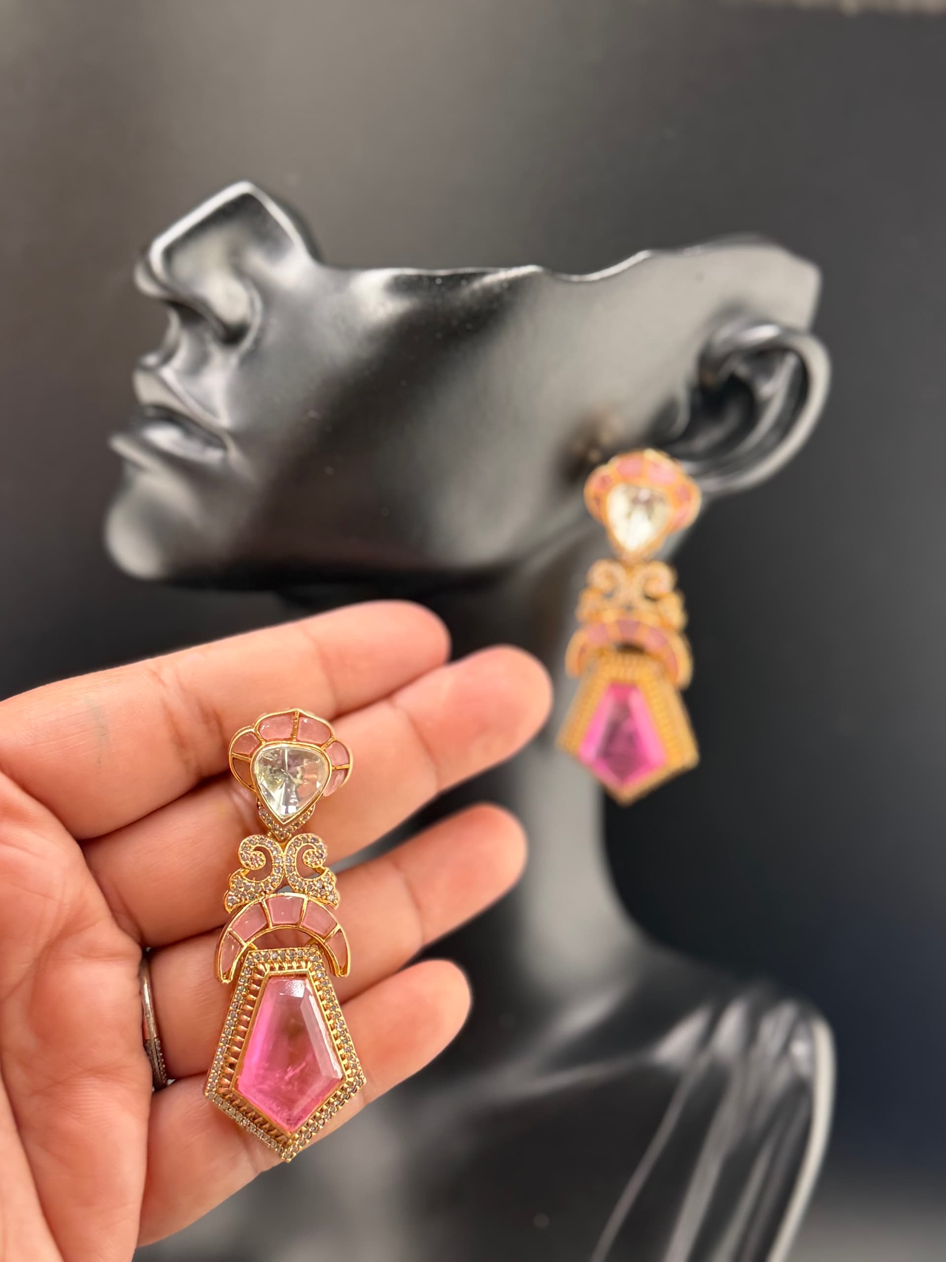 Pink Meenakari Pentagon Drop Earrings with Polki