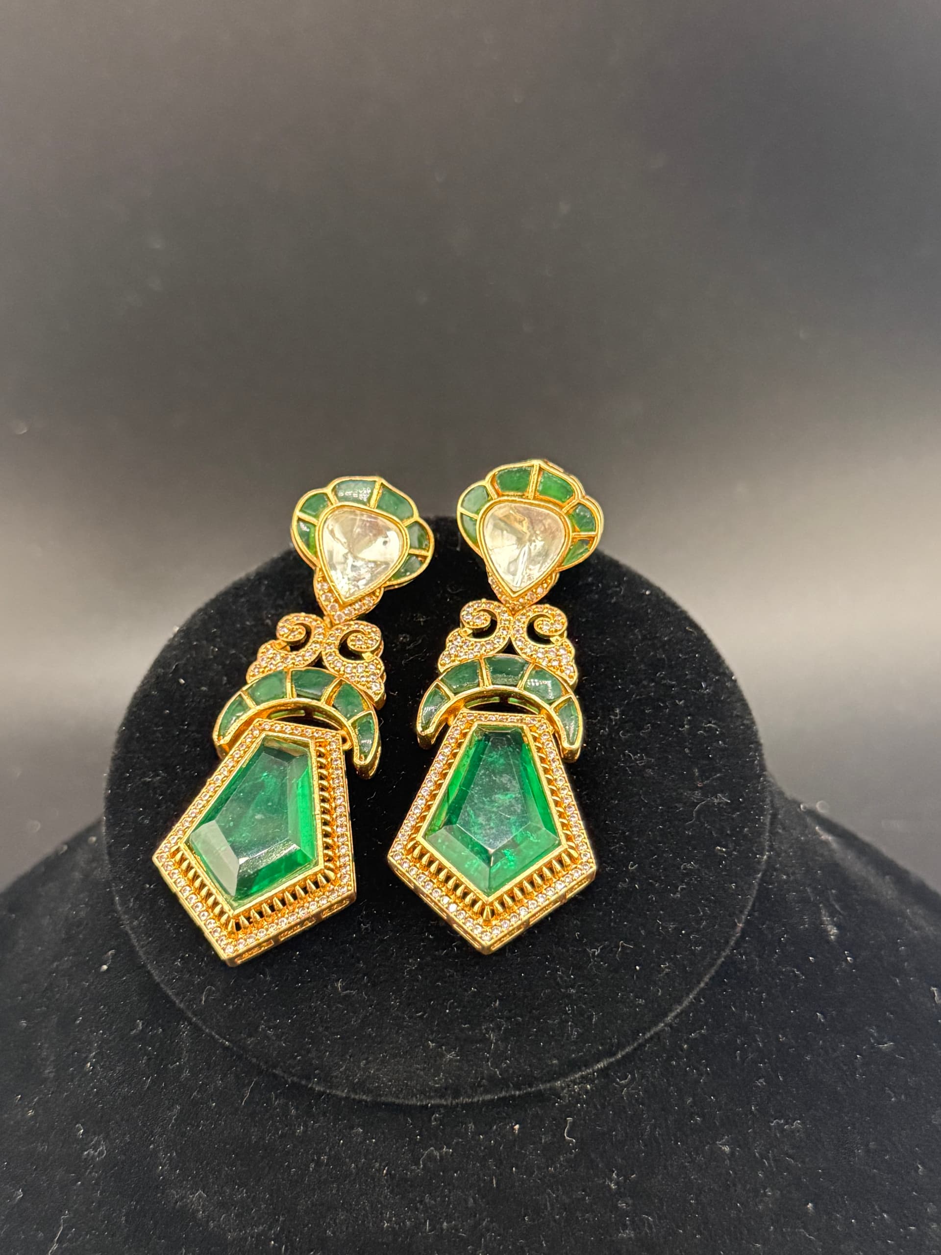 Emerald Meenakari Pentagon Drop Earrings with Polki - alternate view