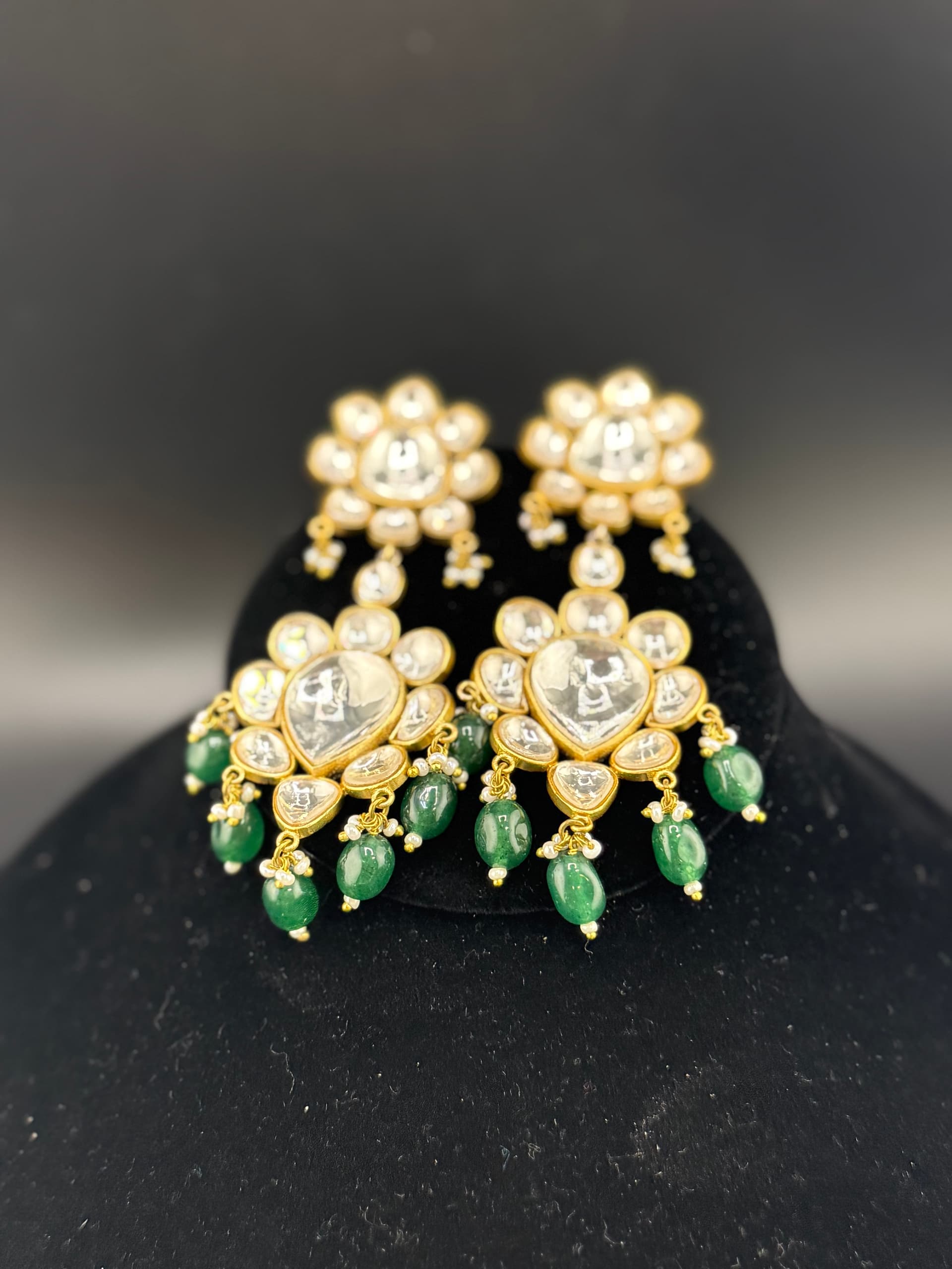 Kundan Polki Chandbali Earrings with Jade Drops - alternate view