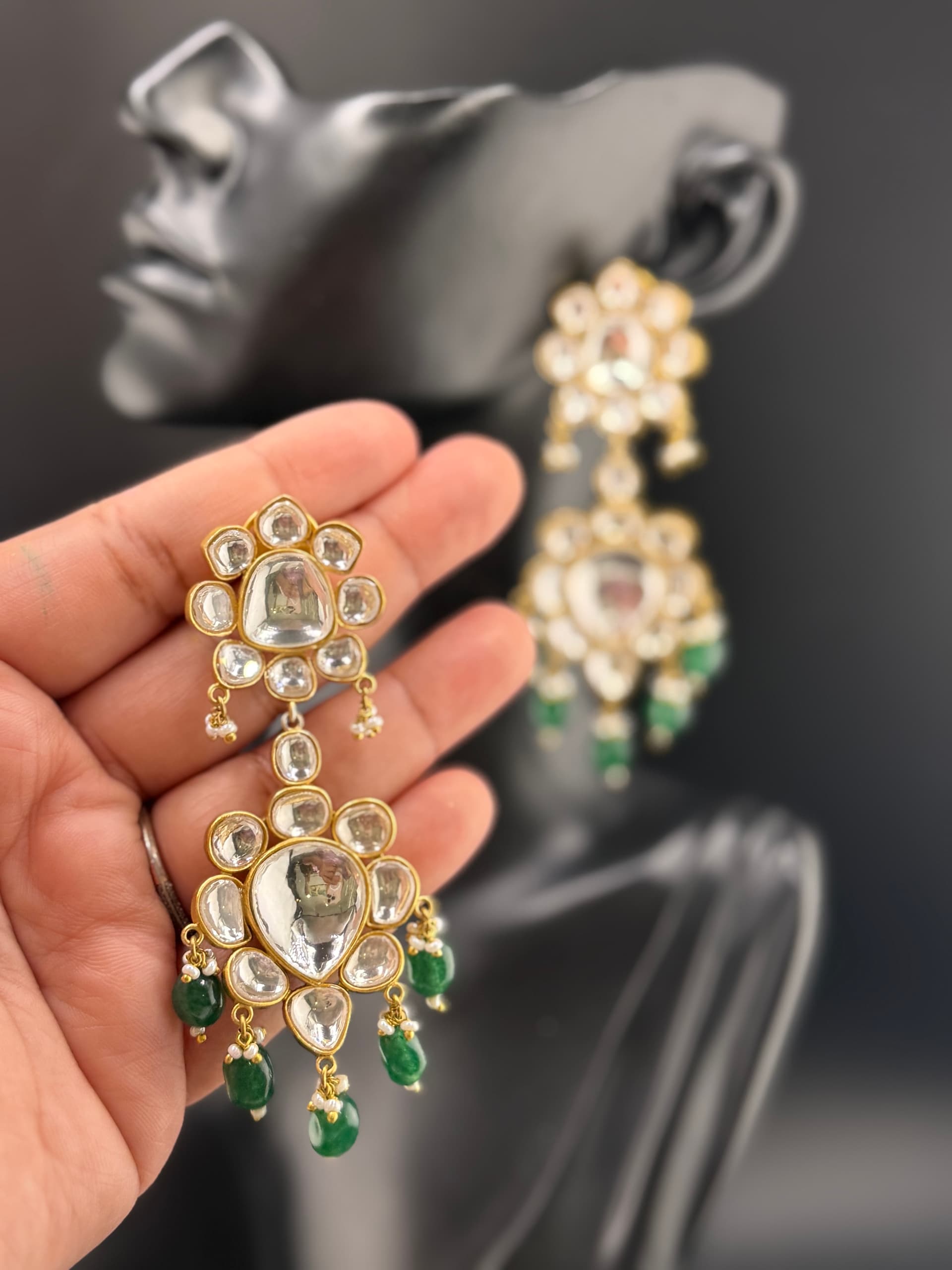 Kundan Polki Chandbali Earrings with Jade Drops